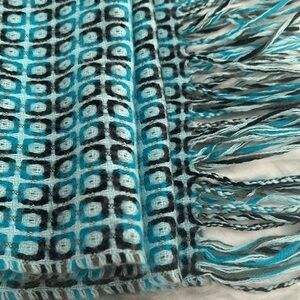100% Cashmere Geometric Scarf Fringed Turquoise Teal Grey and Black England 64”